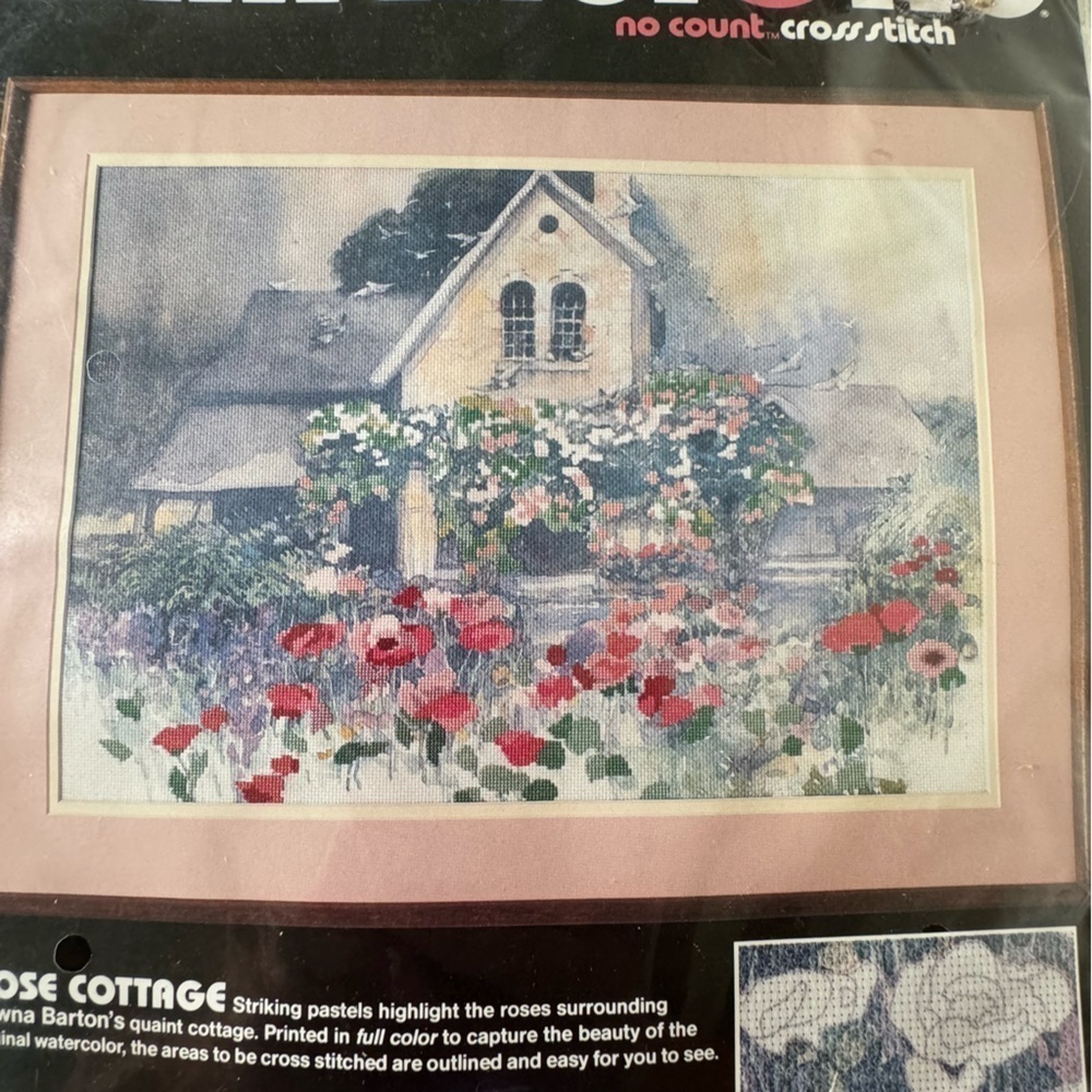 Vintage Dimensions Pink Rose Floral Cottage No Count Cross Stitch Kit - Picture 3 of 9